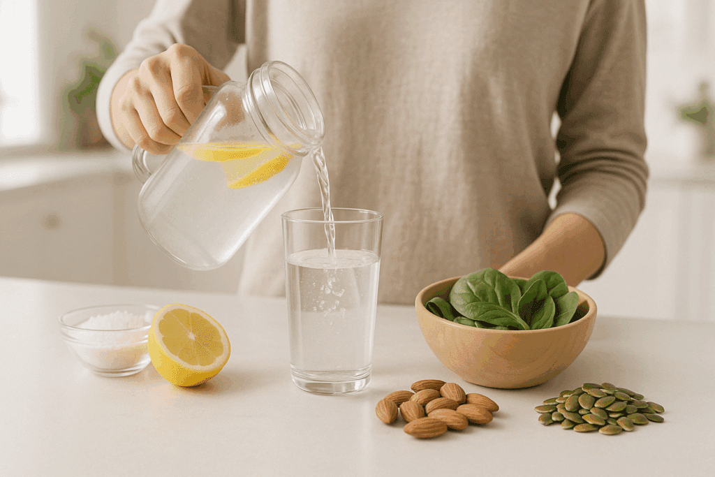Person pouring electrolyte water from a mason jar into a glass surrounded by natural sources that help curb keto diet cravings, like sea salt, lemon, spinach, almonds, and pumpkin seeds in a bright kitchen.