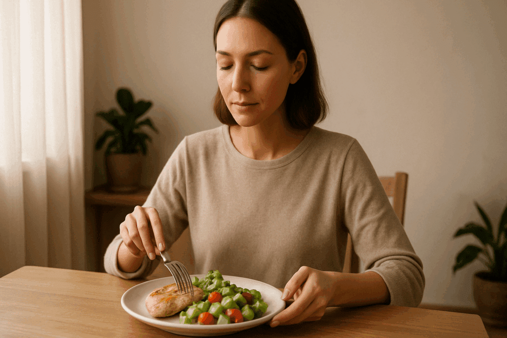 Woman practicing mindful eating with grilled chicken and avocado salad to manage keto diet cravings in a calm, minimalist setting