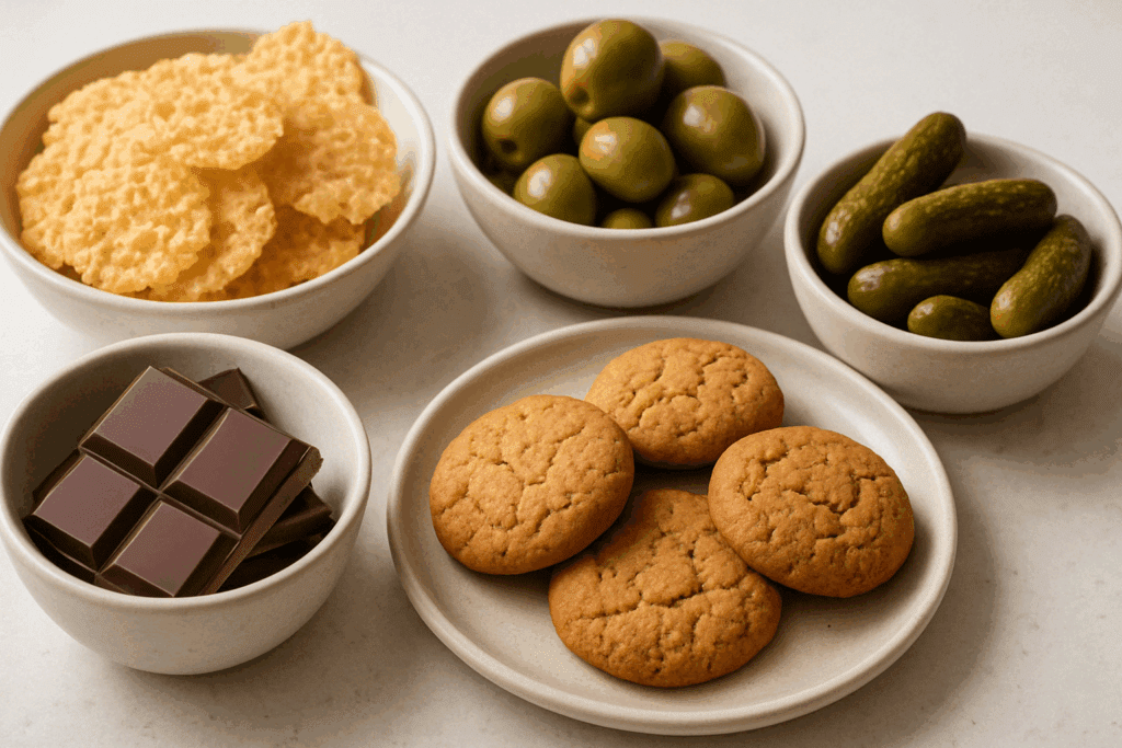 Assorted keto snacks including cheese crisps, olives, pickles, dark chocolate, cookies, and cauliflower crackers arranged on a white countertop to curb keto diet cravings.