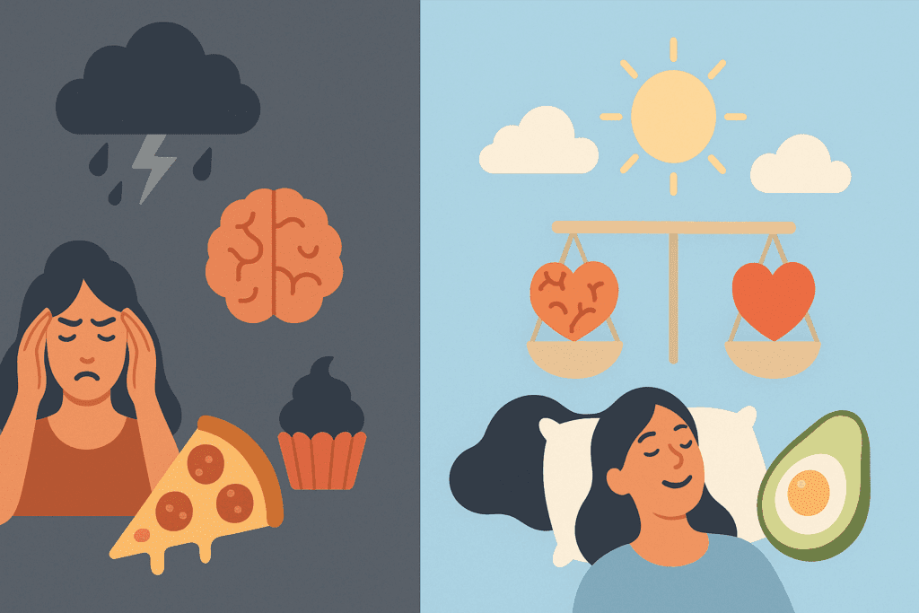 Split illustration showing high stress and poor sleep increasing keto diet cravings versus calm sleep and balanced hormones reducing them