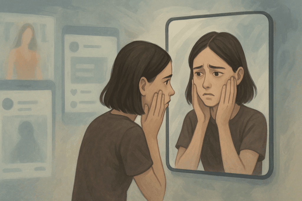Young woman with a worried expression looking into a mirror, surrounded by blurred social media and magazine imagery symbolizing the fear of gaining weight.