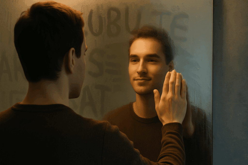 Person wipes fogged mirror to reveal a confident reflection, symbolizing overcoming the fear of gaining weight.