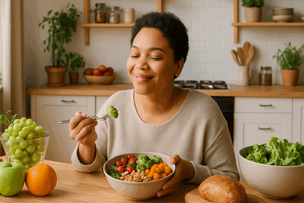 Smiling woman peacefully eating a colorful meal in a cozy kitchen, embracing intuitive eating despite fear of gaining weight