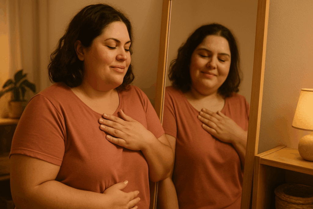 Woman with hand on heart looking at her reflection in a mirror, embracing self-love while managing fear of gaining weight.