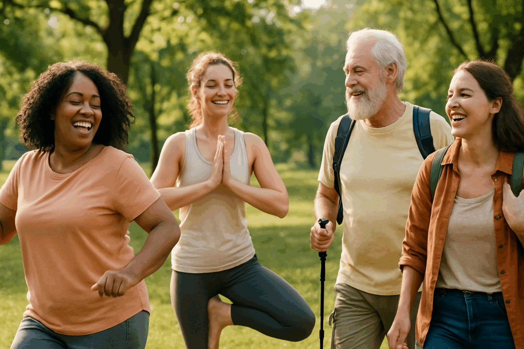 Diverse group joyfully dancing, doing yoga, and hiking outdoors, promoting movement without fear of gaining weight.