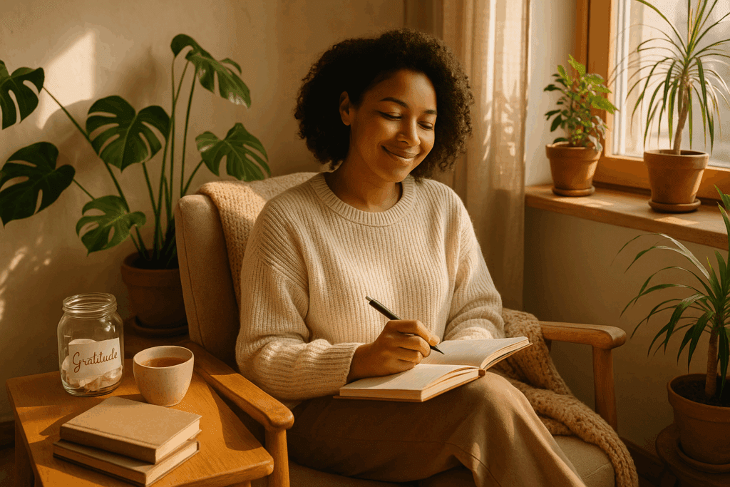 Woman journaling peacefully in a cozy sunlit corner, reflecting on gratitude to manage fear of gaining weight