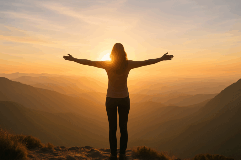 Confident woman standing on a mountain at sunrise with arms outstretched, symbolizing freedom from the fear of gaining weight