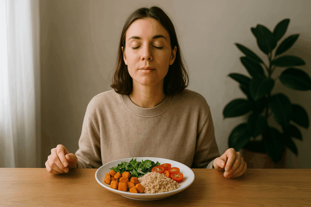 How to Prevent Eating Disorders Through Mindful Nutrition: Understanding Risk Factors and Building a Healthier Relationship with Food 1 Woman mindfully savoring a colorful, balanced meal at a calm table setting, promoting mindful eating to help prevent eating disorders.