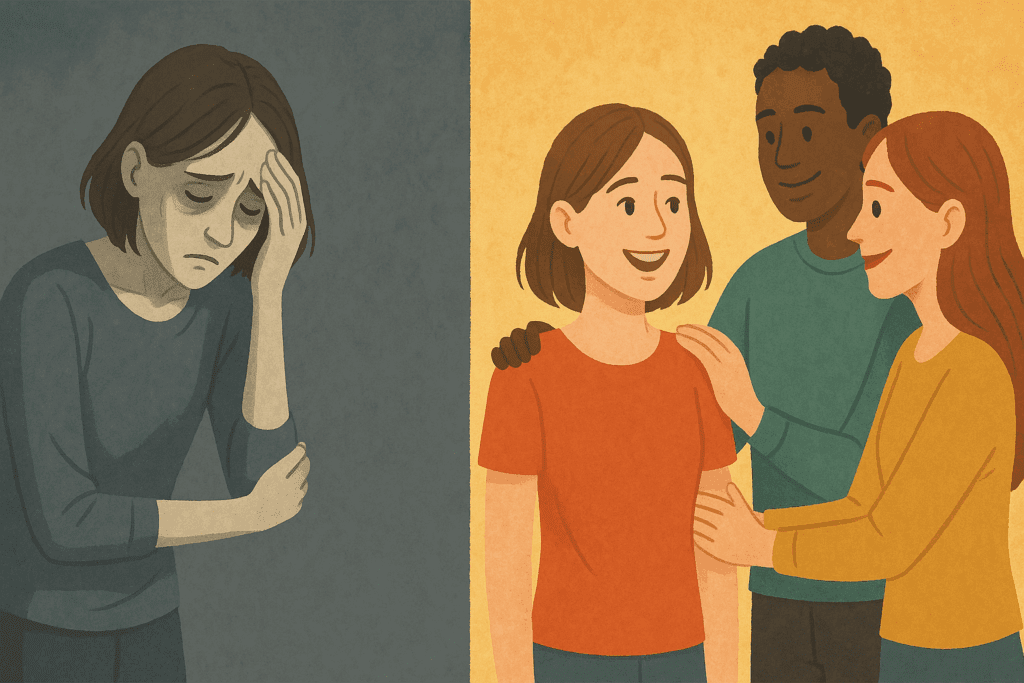 How to Prevent Eating Disorders Through Mindful Nutrition: Understanding Risk Factors and Building a Healthier Relationship with Food 4 Split-scene illustration of a young woman showing emotional and physical decline on one side and joyful recovery with support on the other, symbolizing efforts to prevent eating disorders.
