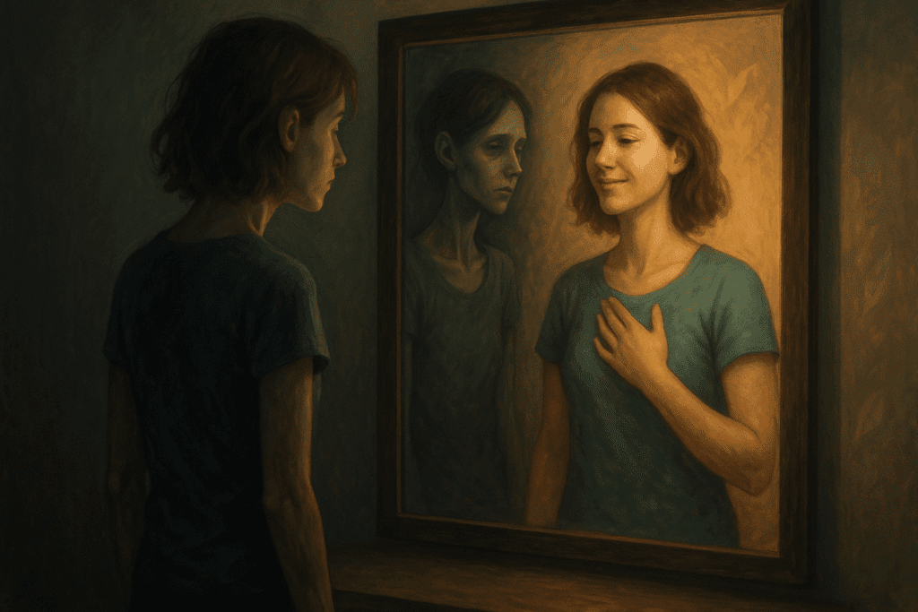 How to Prevent Eating Disorders Through Mindful Nutrition: Understanding Risk Factors and Building a Healthier Relationship with Food 5 Woman facing mirror reflecting two selves—one shadowed, one radiant—symbolizing self-love and the journey to prevent eating disorders.