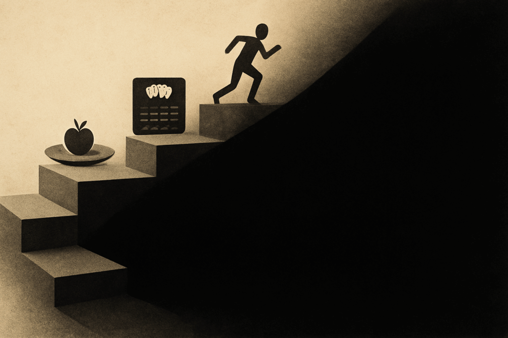 How to Prevent Eating Disorders Through Mindful Nutrition: Understanding Risk Factors and Building a Healthier Relationship with Food 6 Staircase metaphor showing gradual descent from healthy habits to disordered behaviors, illustrating how to prevent eating disorders through early awareness.