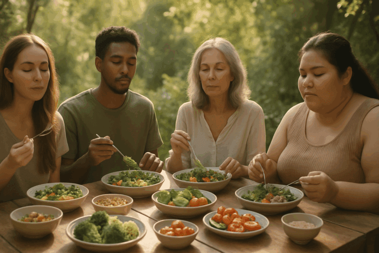 Diverse group of people of all ages mindfully enjoying healthy meals outdoors, promoting balanced nutrition to prevent eating disorders