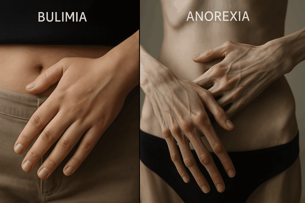 How to Recognize Bulimia Hands and Knuckles: Understanding Russell’s Sign and What It May Reveal About Eating Disorders 3 Comparison of Bulimia hands and knuckles with calluses next to extremely thin anorexic hands showing similar knuckle marks