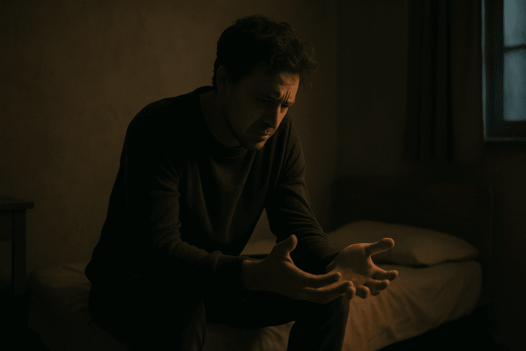 How to Recognize Bulimia Hands and Knuckles: Understanding Russell’s Sign and What It May Reveal About Eating Disorders 4 Distressed man in dim light staring at his palms, symbolizing emotional pain linked to Bulimia Hands and Knuckles