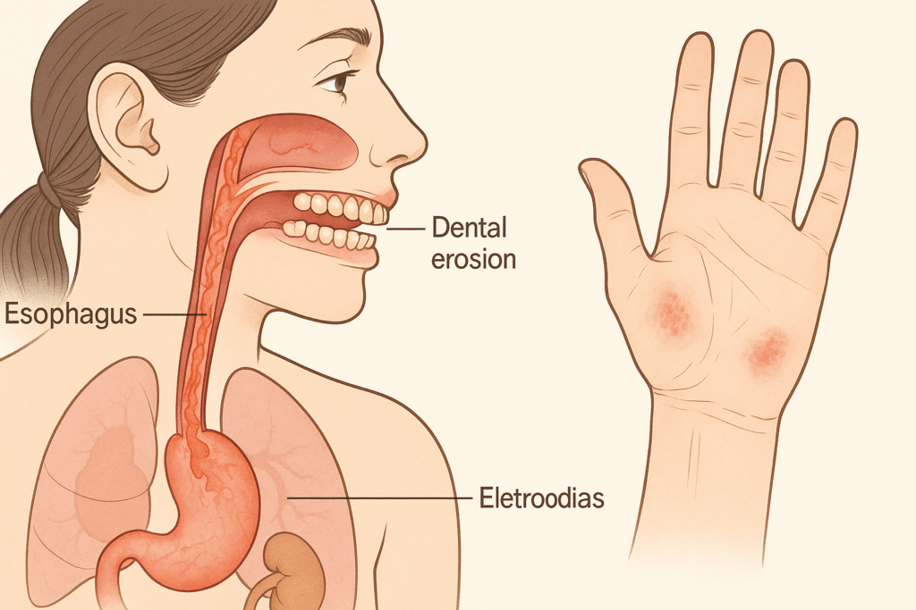 How to Recognize Bulimia Hands and Knuckles: Understanding Russell’s Sign and What It May Reveal About Eating Disorders 5 Medical illustration showing internal damage from bulimia, with esophagus inflammation, dental erosion, electrolyte imbalance, and visible bulimia hands and knuckles.