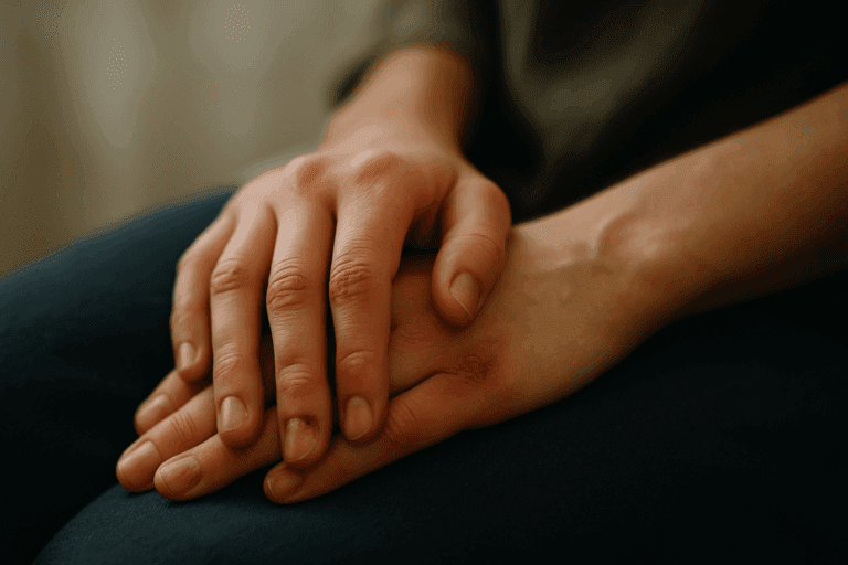 Close-up of Bulimia hands and knuckles showing scars and calluses resting gently on lap, symbolizing healing and vulnerability