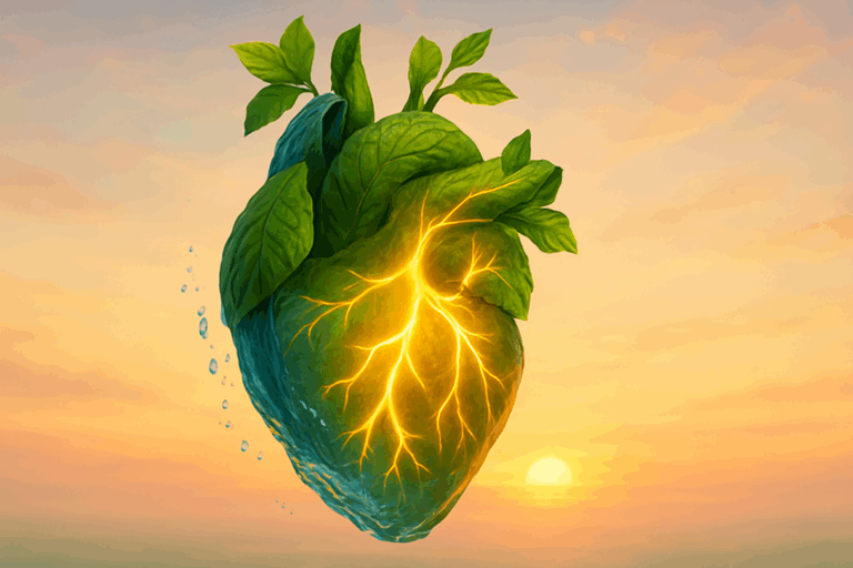 Symbolic digital artwork of a heart made of leaves, water, and light at sunrise, visualizing how to repair heart muscle damage through natural healing.