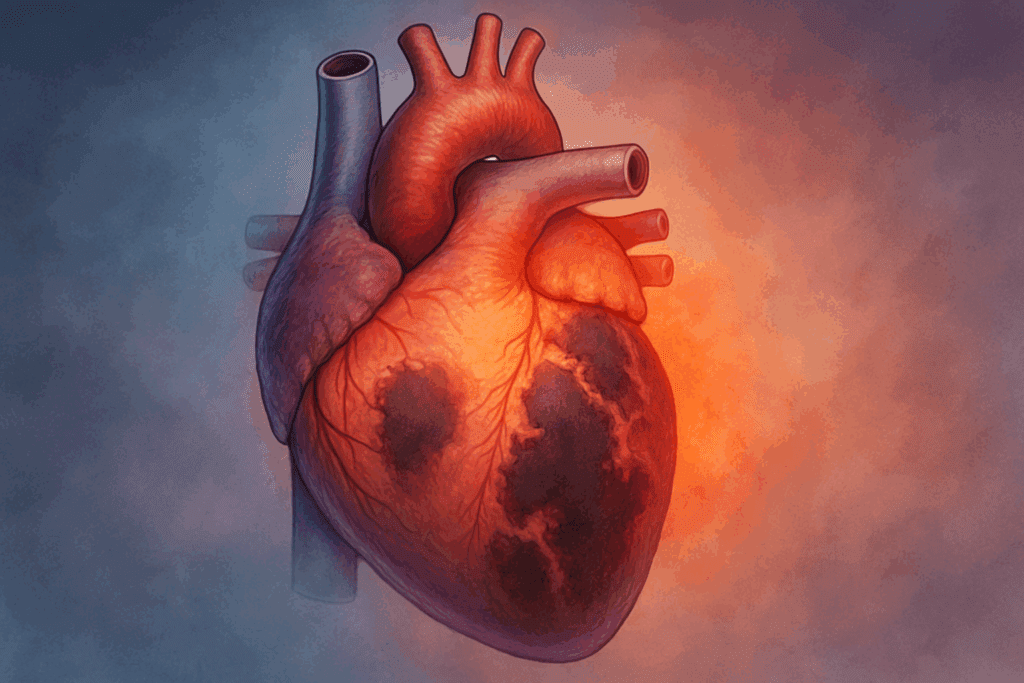 Medical illustration of a human heart showing scarred and healthy tissue to explain how to repair heart muscle damage.
