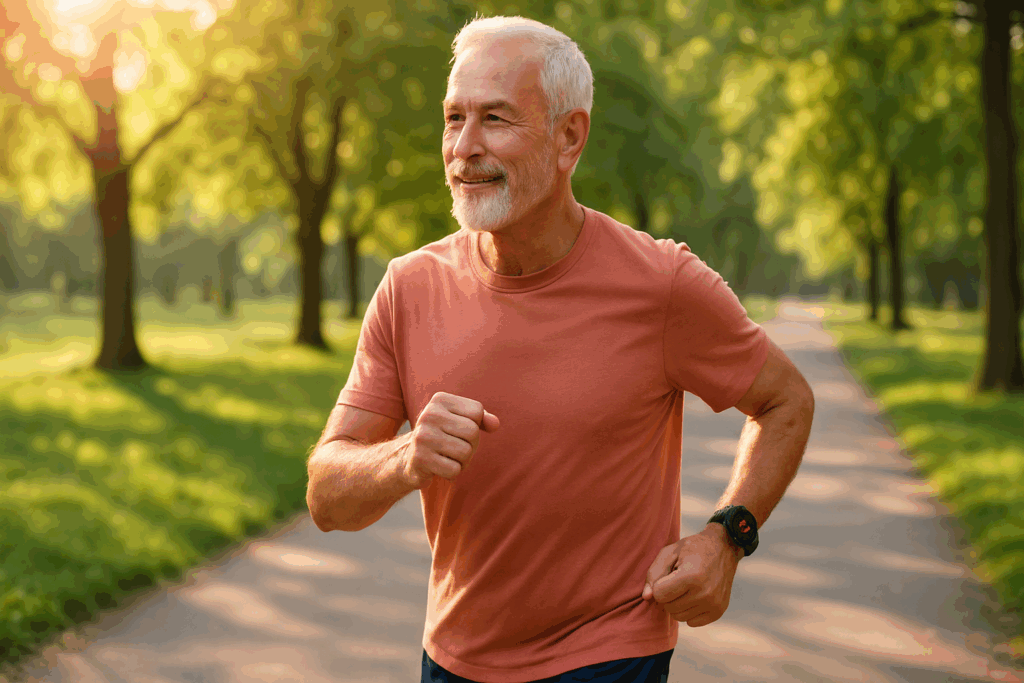 How to Repair Heart Muscle Damage Naturally: Can You Heal Your Heart with Smarter Training and Nutrition? 2 Older man brisk walking in a sunlit park wearing a heart monitor, showing how to repair heart muscle damage through exercise.