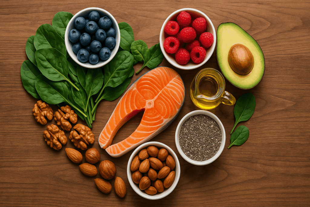 How to Repair Heart Muscle Damage Naturally: Can You Heal Your Heart with Smarter Training and Nutrition? 3 Heart-shaped arrangement of salmon, spinach, berries, nuts, seeds, avocado, and olive oil on wood, illustrating how to repair heart muscle damage through diet