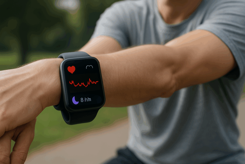 How to Repair Heart Muscle Damage Naturally: Can You Heal Your Heart with Smarter Training and Nutrition? 6 Smartwatch tracking heart rate and sleep during outdoor exercise, illustrating how to repair heart muscle damage through lifestyle changes.