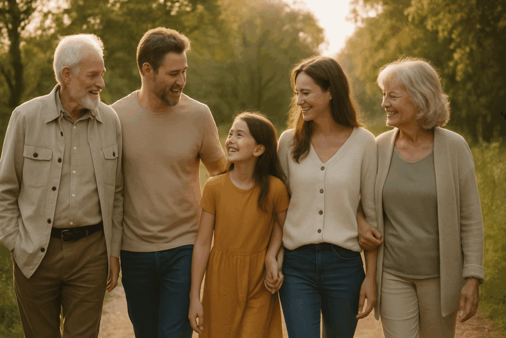 How to Repair Heart Muscle Damage Naturally: Can You Heal Your Heart with Smarter Training and Nutrition? 7 Multigenerational family walking hand-in-hand through a sunlit forest trail, symbolizing lifelong wellness and how to repair heart muscle damage through consistent, heart-healthy living.