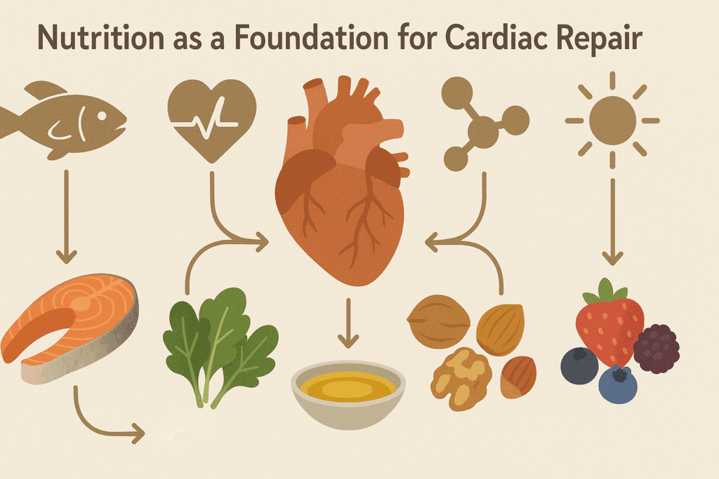 How to Repair Heart Muscle Damage Naturally: Can You Heal Your Heart with Smarter Training and Nutrition? 4 Visual guide showing key nutrients and food sources like fish, greens, nuts, and berries that support how to repair heart muscle damage