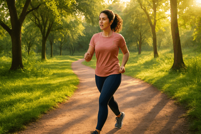 Brisk walking outdoors through a sunny, tree-lined park trail as part of a beginner workout, illustrating How to Start Cardio Training.