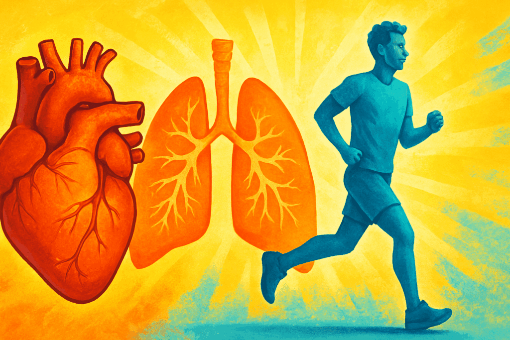 Colorful collage showing a healthy heart, lungs, and a person jogging, symbolizing improved endurance and health for beginners learning how to start cardio training.