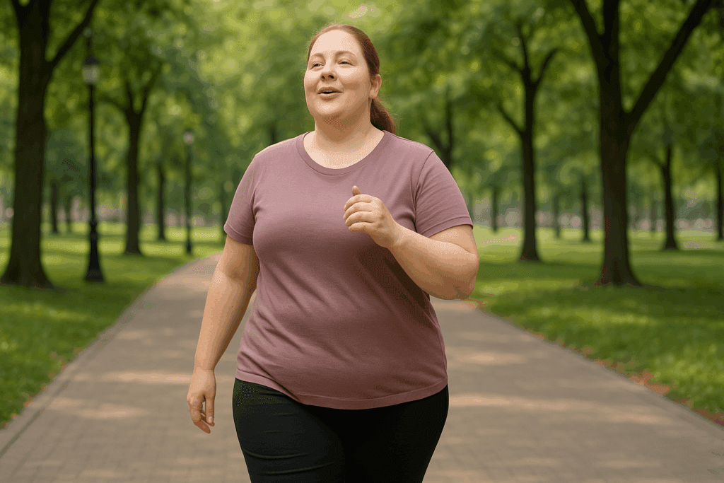 Beginner woman walking in a park, dressed casually and breathing deeply, illustrating How to Start Cardio Training in a calm, progressive way.