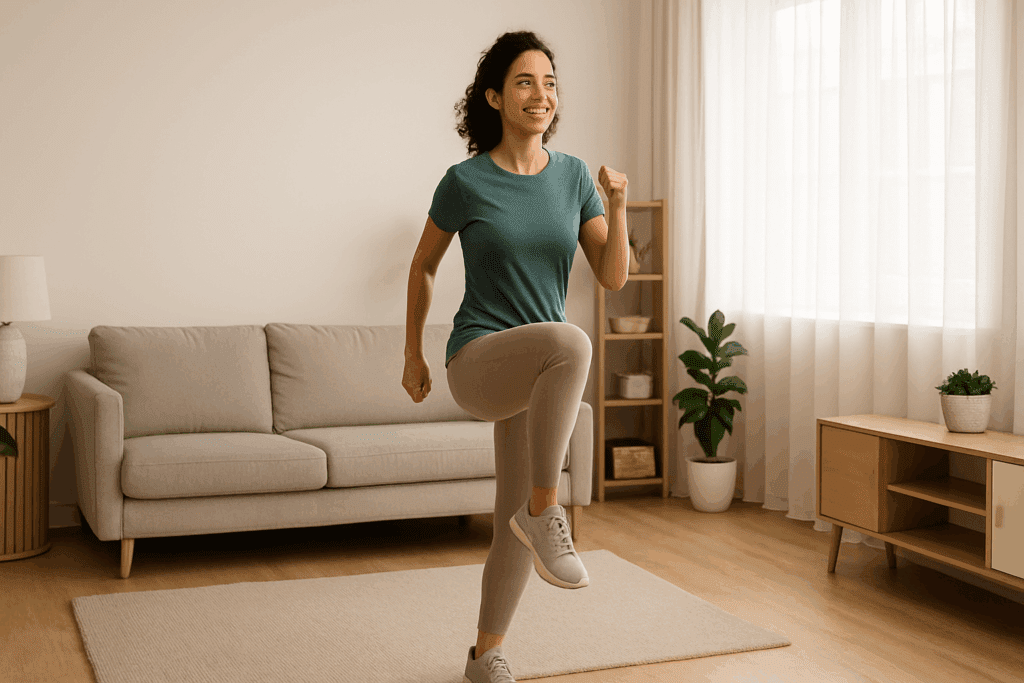 Cheerful woman doing beginner exercises like high knees in a cozy living room, demonstrating How to Start Cardio Training at home.