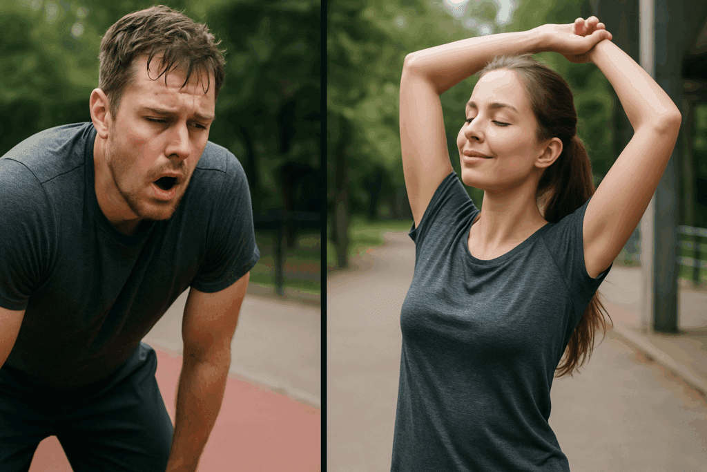 Split-screen showing two beginners learning how to start cardio training: one overexerting and exhausted, the other pacing smartly with relaxed stretching.