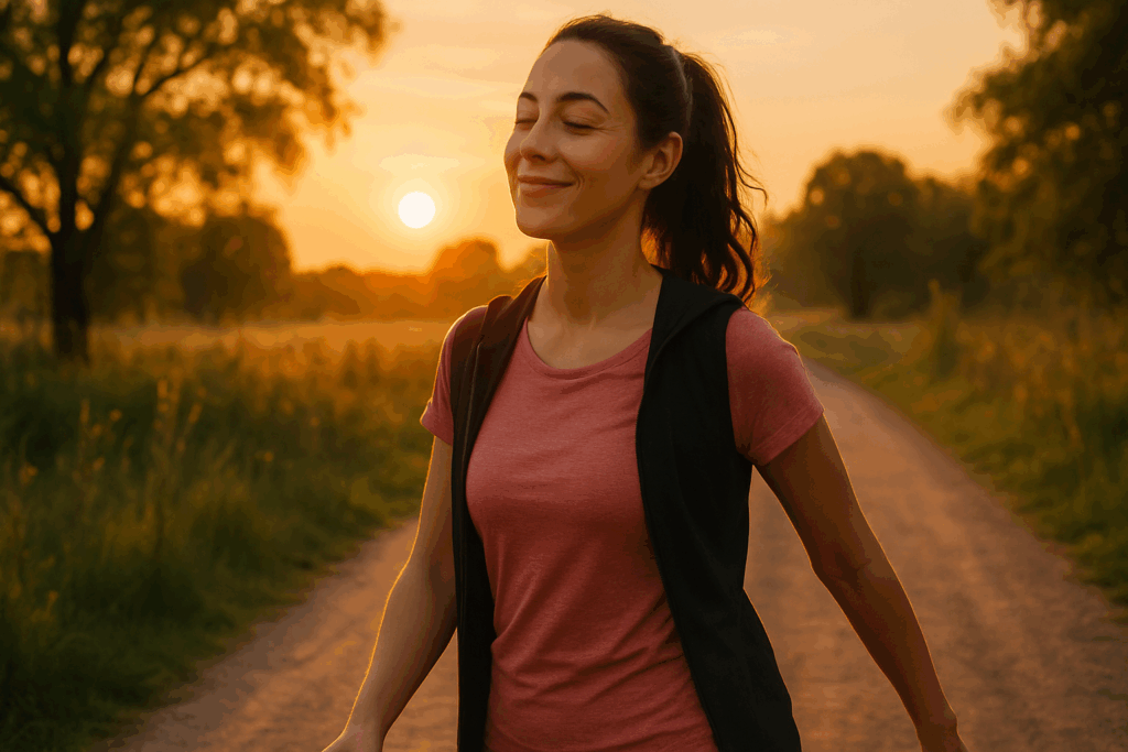 Serene woman walking on a rural path at sunset after exercise, embodying mental clarity and joy, illustrating How to Start Cardio Training.
