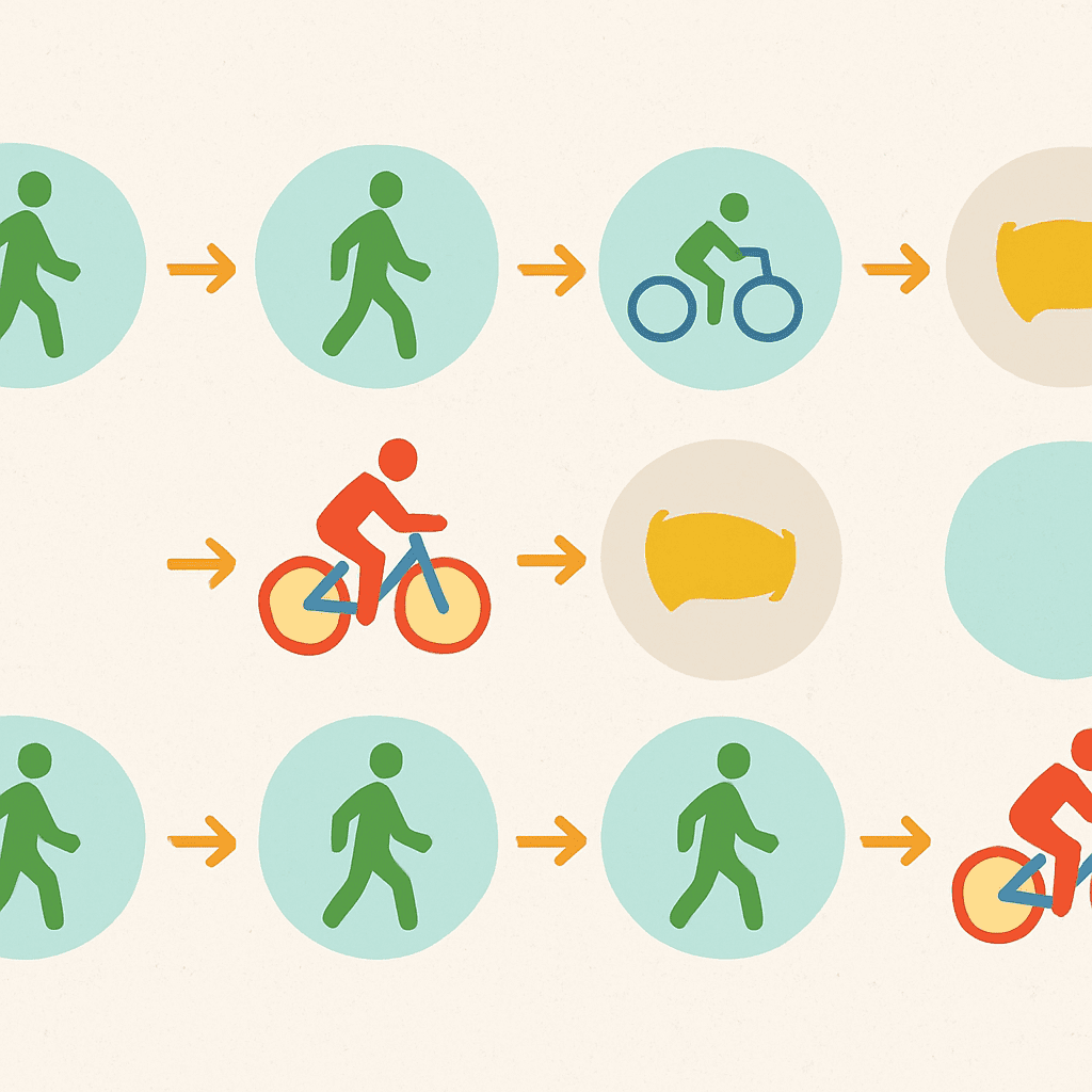 Colorful infographic showing a two-week beginner cardio plan with walking, biking, and rest day icons, illustrating How to Start Cardio Training.