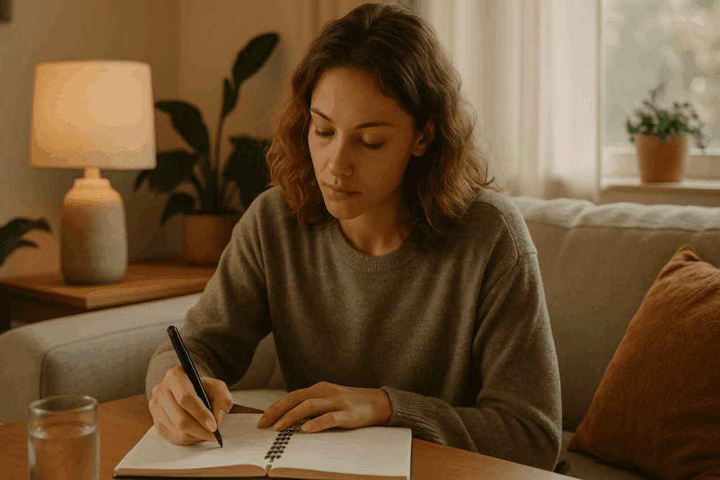 Woman journaling fitness goals in a cozy living room, showing introspection on how to start working out for beginners