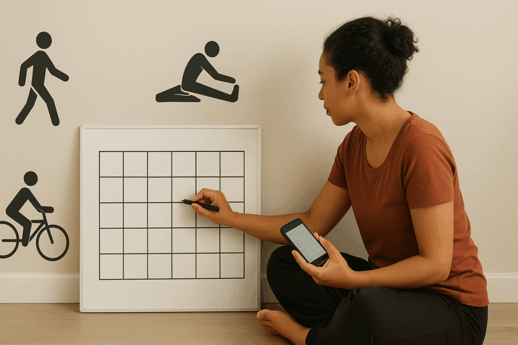 Person planning a beginner-friendly home workout using a calendar and phone, illustrating how to start working out for beginners with icons of walking, stretching, and cycling.