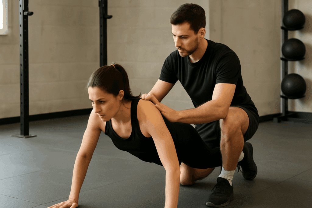 Trainer showing how to start working out for beginners by guiding proper push-up form in a gym setting