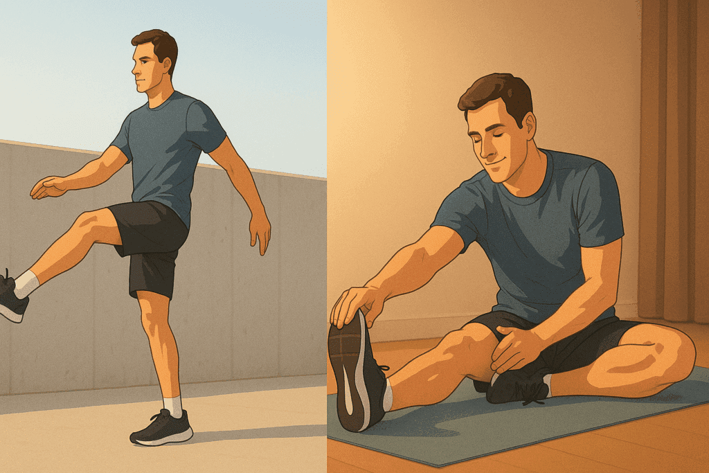 Man demonstrating how to start working out for beginners with leg swings outdoors and post-exercise stretching indoors on a yoga mat