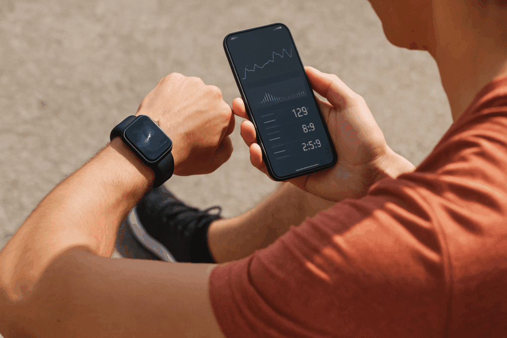Person tracking fitness stats on smartwatch and phone during an outdoor workout, illustrating how to start working out for beginners.