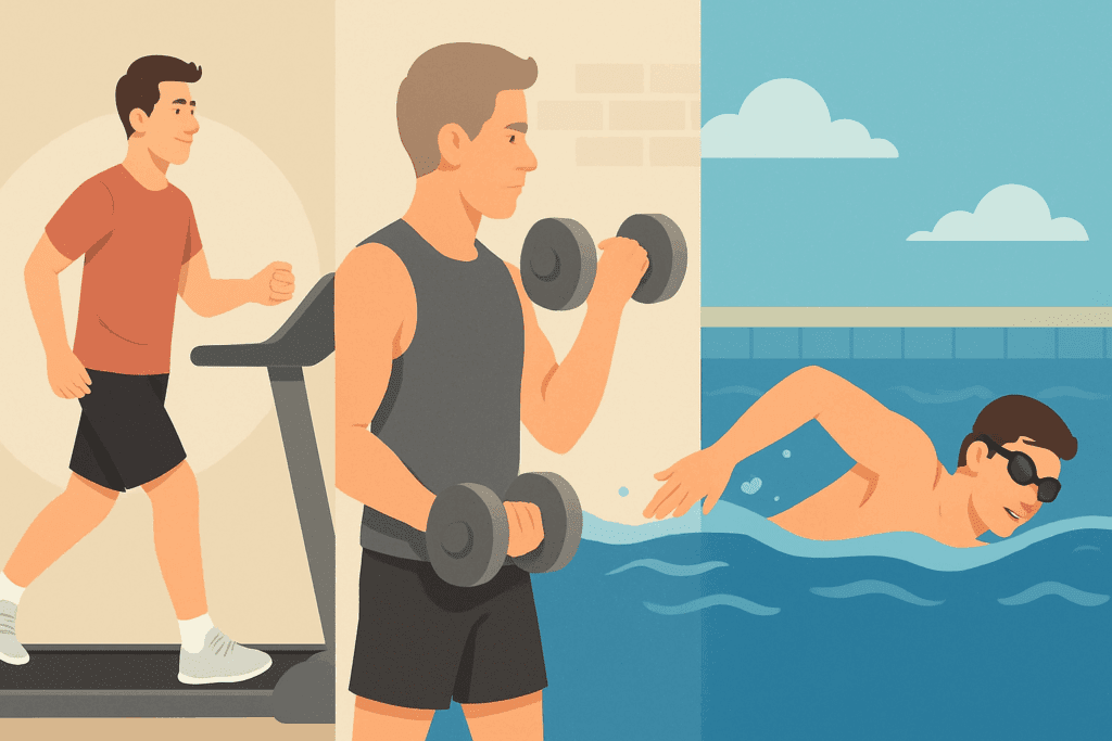 Collage showing how to start working out for beginners with scenes of light cardio, strength training, and swimming progression