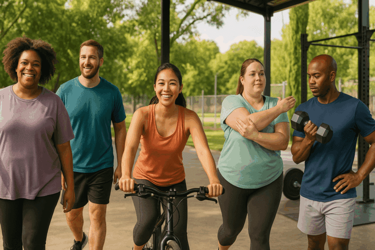 Diverse beginners walking, cycling, stretching, and lifting weights outdoors, showing how to start working out for beginners in a welcoming gym setting