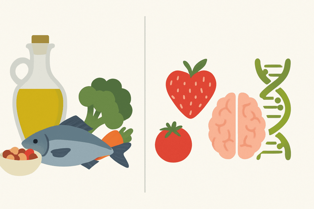 Comparison showing healthy ingredients like olive oil, fish, and vegetables beside icons of heart, brain, and DNA to illustrate how to start a Mediterranean diet.