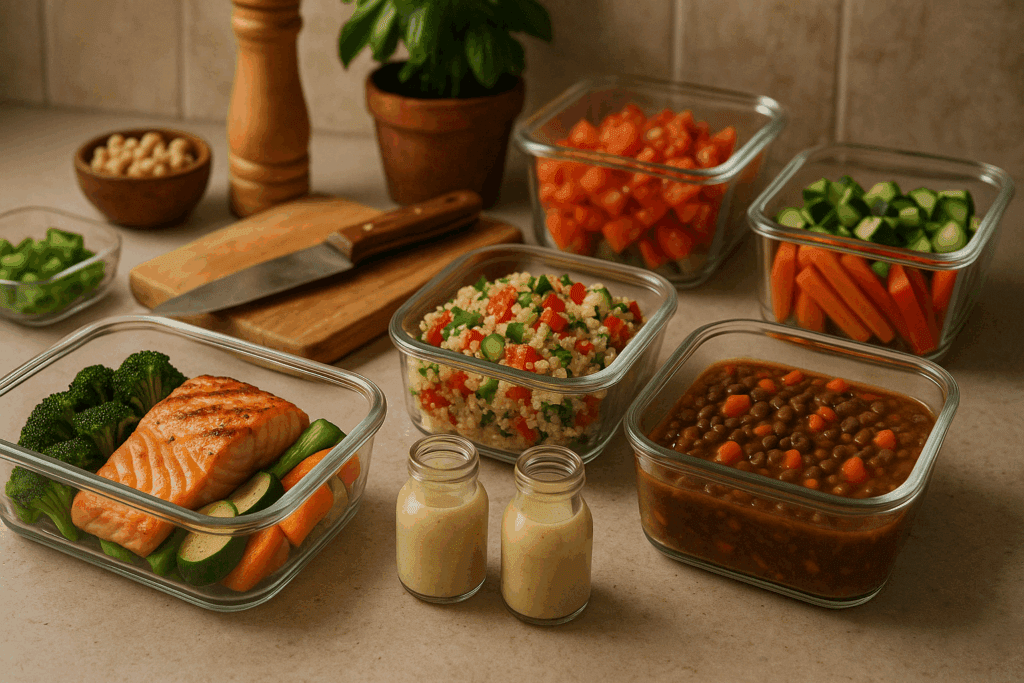 Prepped Mediterranean meals on a kitchen counter showing how to start a Mediterranean diet with grilled salmon, quinoa salad, and lentil stew.