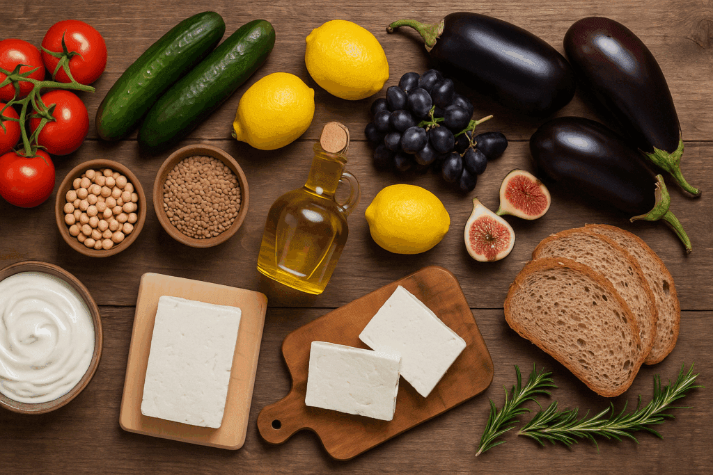 Fresh Mediterranean grocery haul featuring tomatoes, cucumbers, eggplants, figs, and olive oil—perfect for learning how to start a Mediterranean diet.