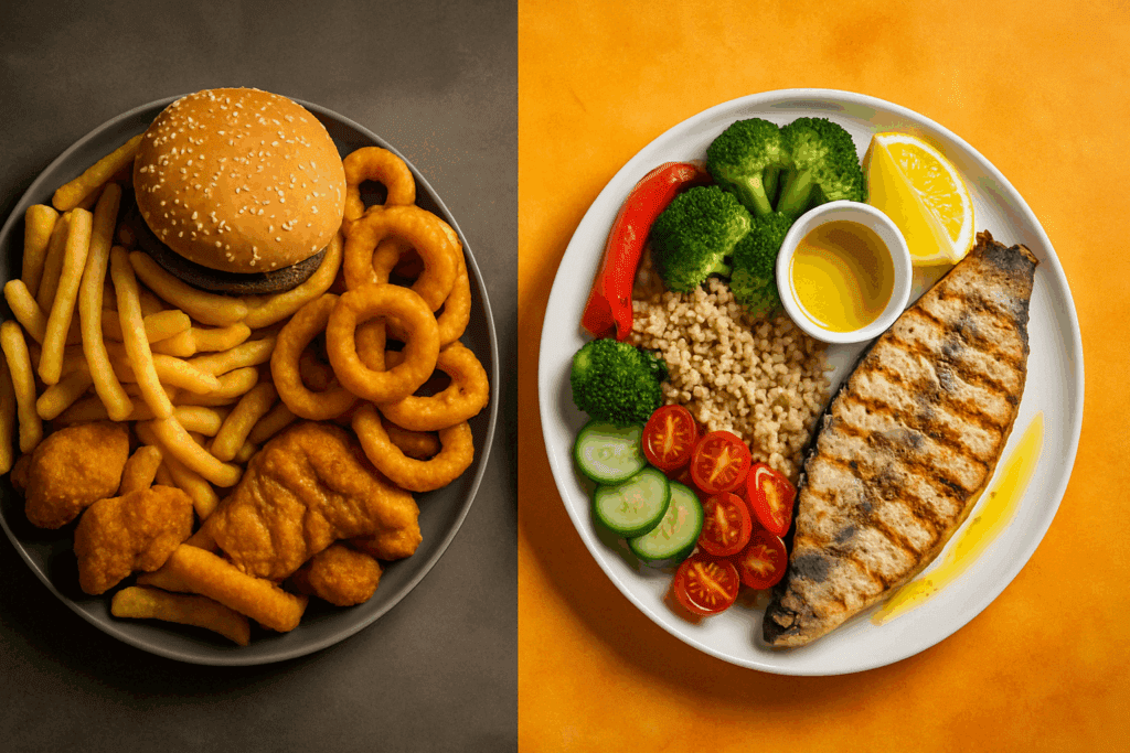 Side-by-side comparison of fast food and a colorful Mediterranean meal with grilled fish, vegetables, and whole grains, illustrating how to start a Mediterranean diet.