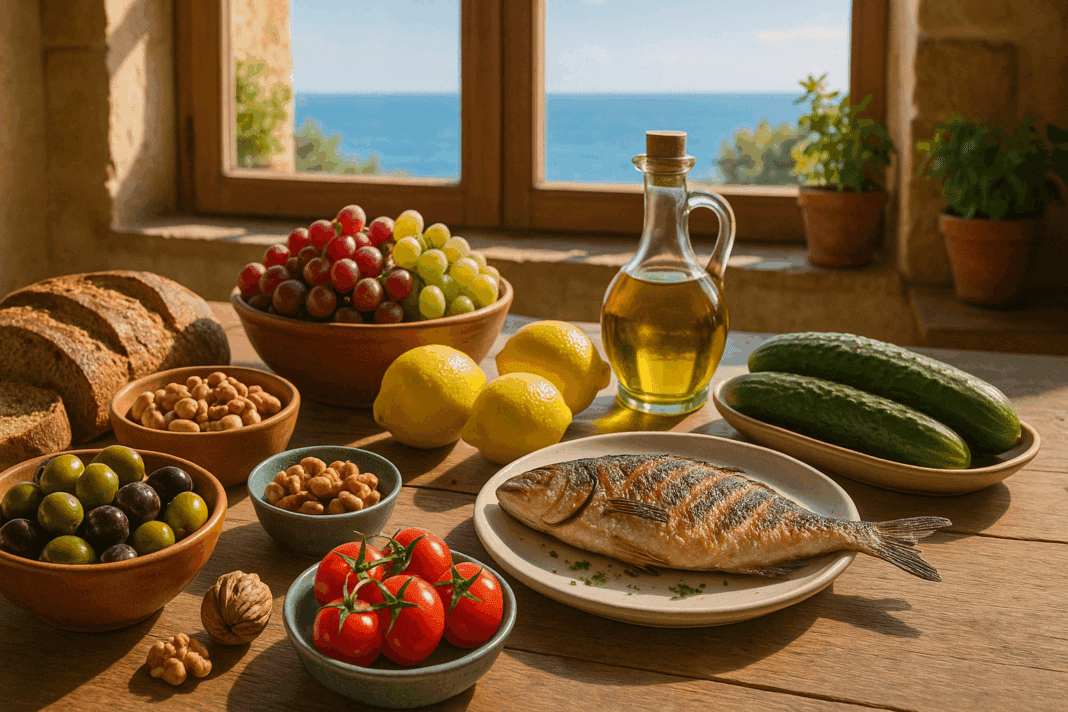 Fresh Mediterranean ingredients on a sunny seaside kitchen table, showing how to start a Mediterranean diet with whole foods like olives, fish, and vegetables.