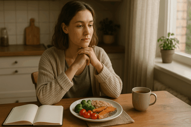 Calm woman practicing mindful eating at a kitchen table, illustrating how to stop binge eating through balanced meals and journaling
