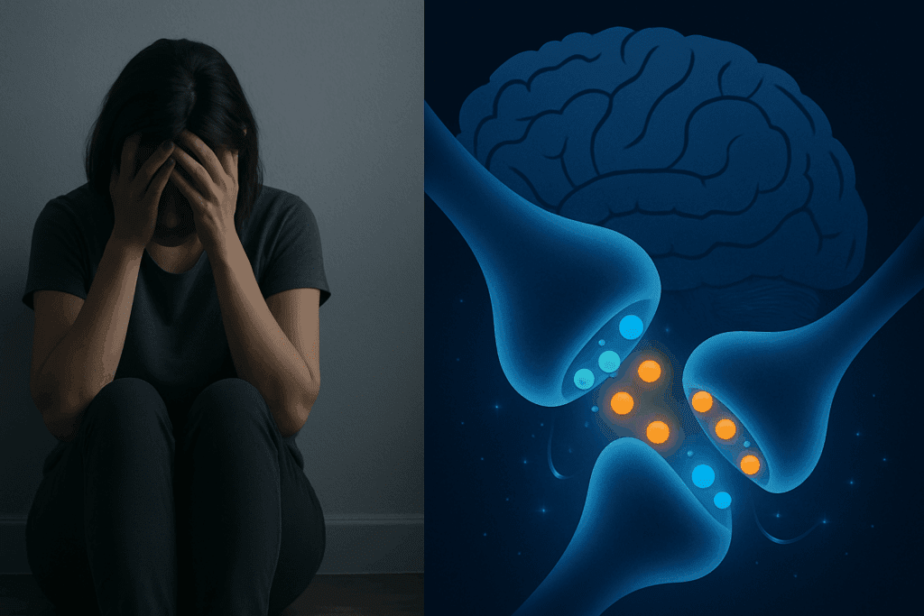 Conceptual split-screen showing emotional distress and brain chemistry, illustrating how to stop binge eating through psychological and biological insights