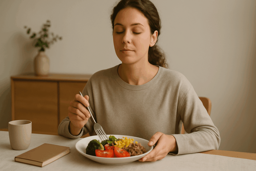 Woman practicing mindful eating with eyes closed, slowly enjoying a balanced meal—illustrating how to stop binge eating through mindfulness