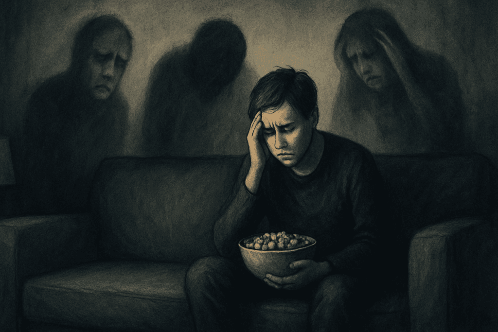 Overwhelmed person on a dimly lit couch holding snacks, surrounded by ghostly shadows representing emotional triggers—visual metaphor for how to stop binge eating.